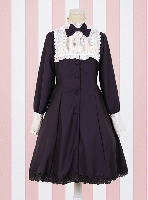 Retro High Waist Little standing collar Classic Lolita Long Sleeve Dress