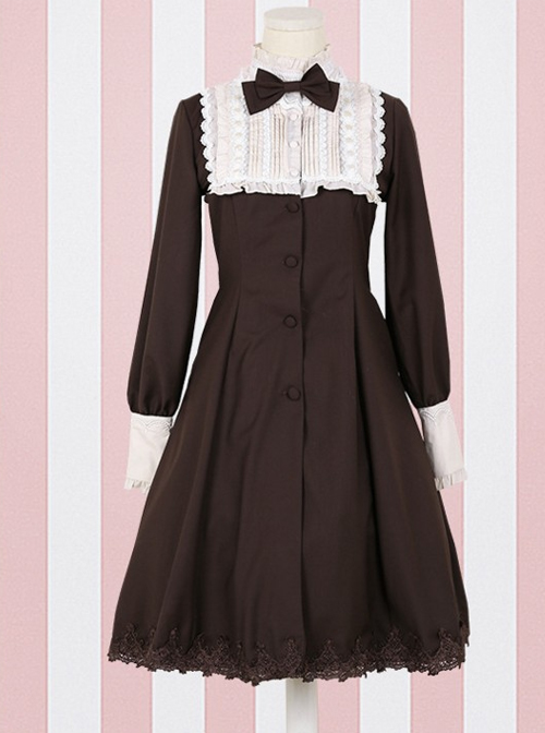 Retro High Waist Little standing collar Classic Lolita Long Sleeve Dress