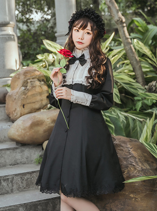 Retro High Waist Little standing collar Classic Lolita Long Sleeve Dress
