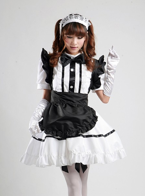 White Short Sleeve Maid Lolita Dress With Black Apron