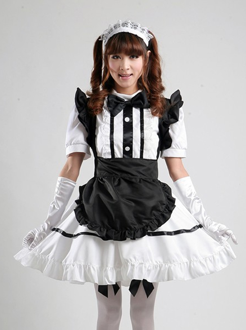 White Short Sleeve Maid Lolita Dress With Black Apron