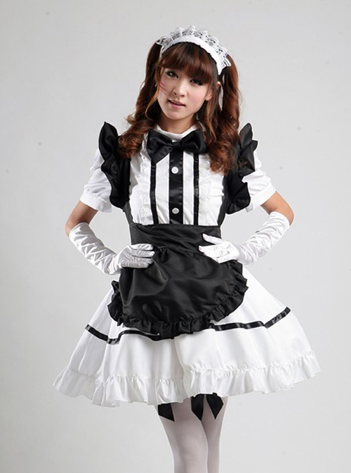White Short Sleeve Maid Lolita Dress With Black Apron