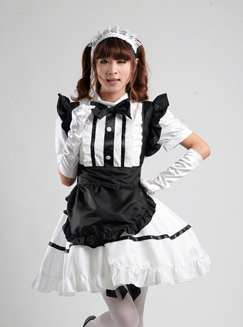 White Short Sleeve Maid Lolita Dress With Black Apron