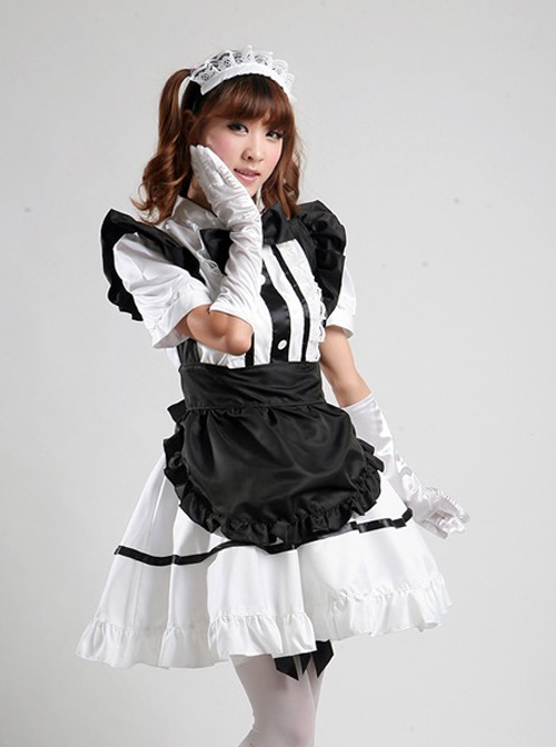 White Short Sleeve Maid Lolita Dress With Black Apron