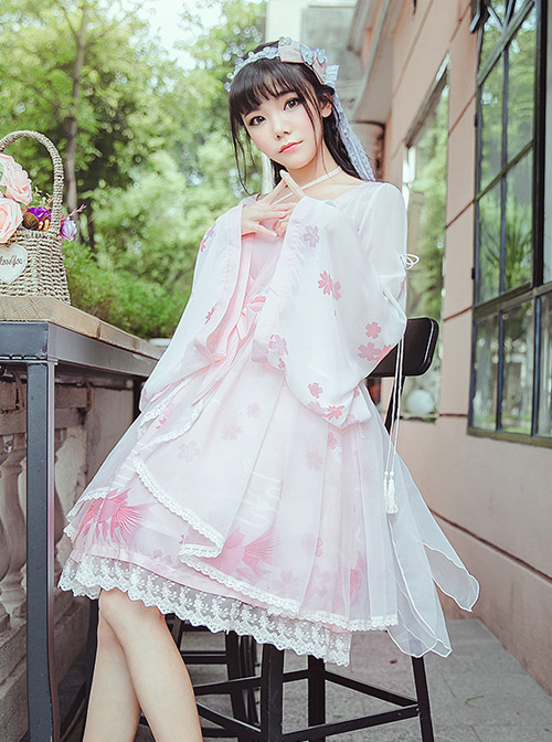 Cherry Blossom And Goldfish Printing trumpet sleeve Chinese Style Lolita Dress