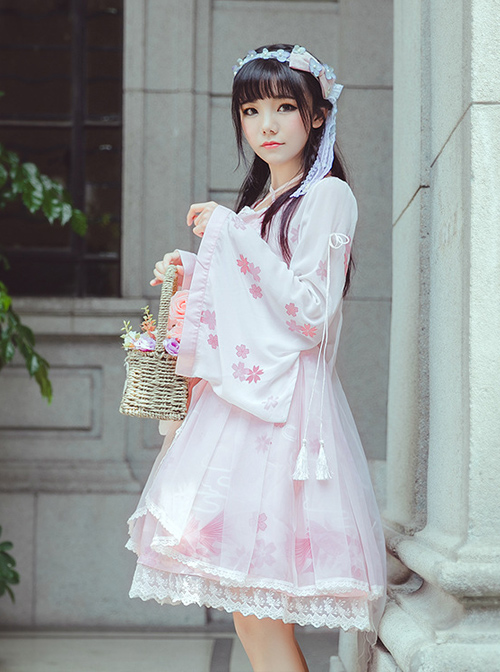 Cherry Blossom And Goldfish Printing trumpet sleeve Chinese Style Lolita Dress
