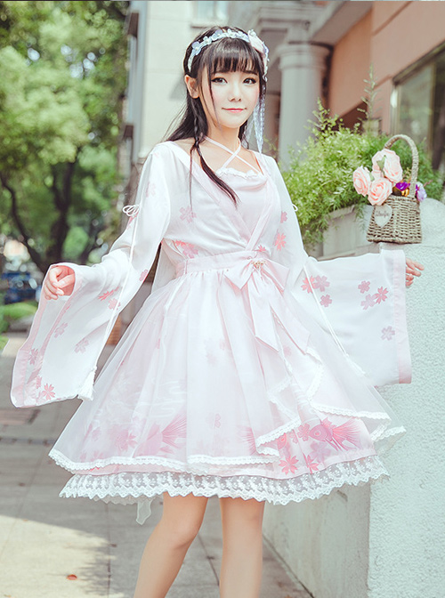 Cherry Blossom And Goldfish Printing trumpet sleeve Chinese Style Lolita Dress