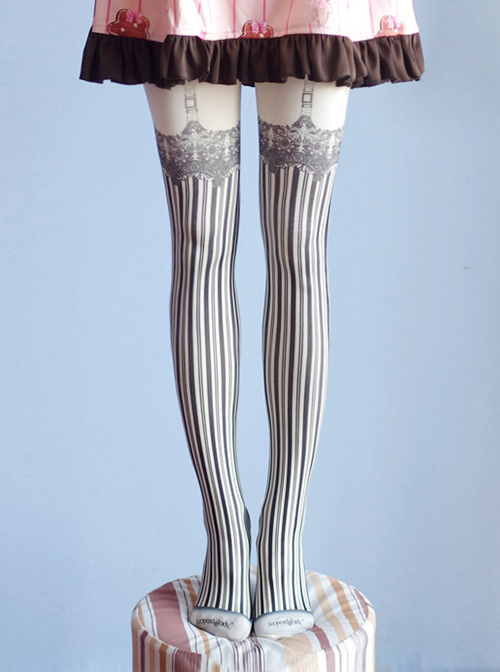 Gothic Black Stripes Printing Milky White Lolita Pantyhose