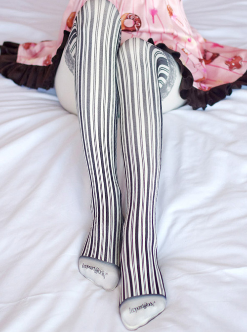 Gothic Black Stripes Printing Milky White Lolita Pantyhose