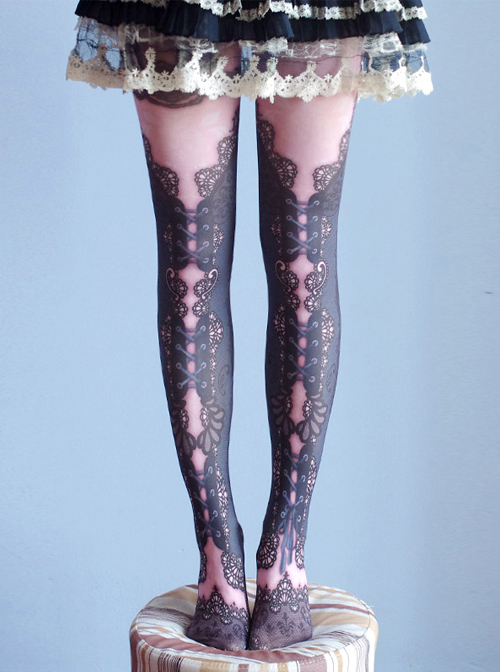 Lovely Lace-up Pattern Printing Lolita Pantyhose