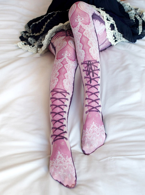 Lovely Lace-up Pattern Printing Lolita Pantyhose