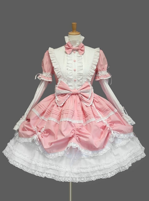 Pink And White Cute Stand Collar Bowknot Sweet Lolita Dress