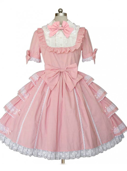 Pink Pure Cotton Bowknot Princess Sweet Lolita Cake Dress