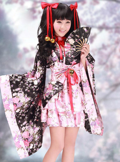 Black And Pink Cherry Blossoms Kimono Cosplay Lolita Dress