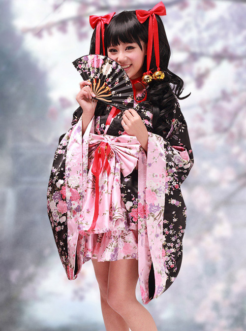 Black And Pink Cherry Blossoms Kimono Cosplay Lolita Dress