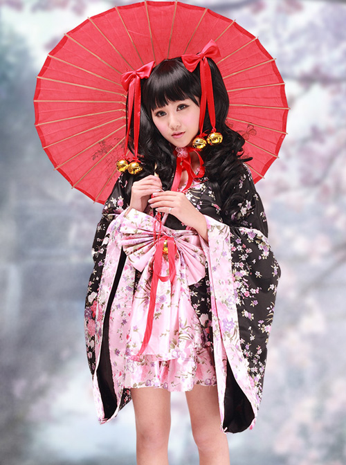 Black And Pink Cherry Blossoms Kimono Cosplay Lolita Dress