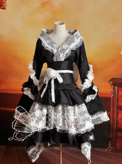 Black And White Lace Kimono Lolita Cosplay Costume