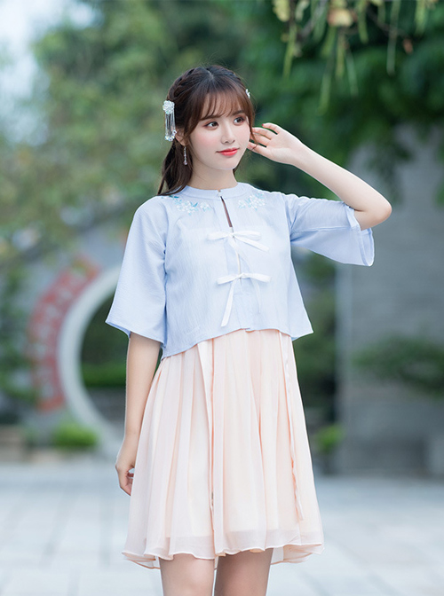 Improved Embroidery Hanfu Light Blue Top Pink Sling Dress Lolita Set