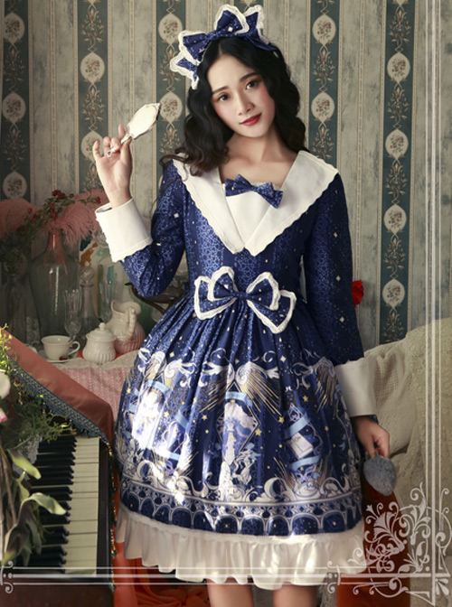 Magic Tea Party Star City Original Print Long Sleeve Dress OP Spot Lolita