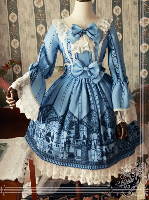 Magic Tea Party Dressing Workshop Original Print OP Lace Ji Sleeve Dress Lolita