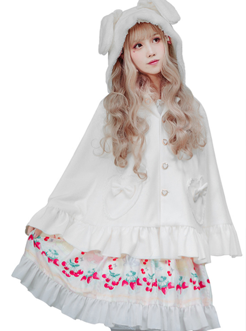 Brocade Park Lolita Sweet Warm Plus Velvet Thick Woolen Rabbit Ears Bow Pocket Cloak Coat