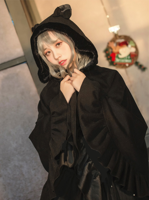 Brocade Park Lolita Sweet Warm Plus Velvet Thick Woolen Rabbit Ears Bow Pocket Cloak Coat