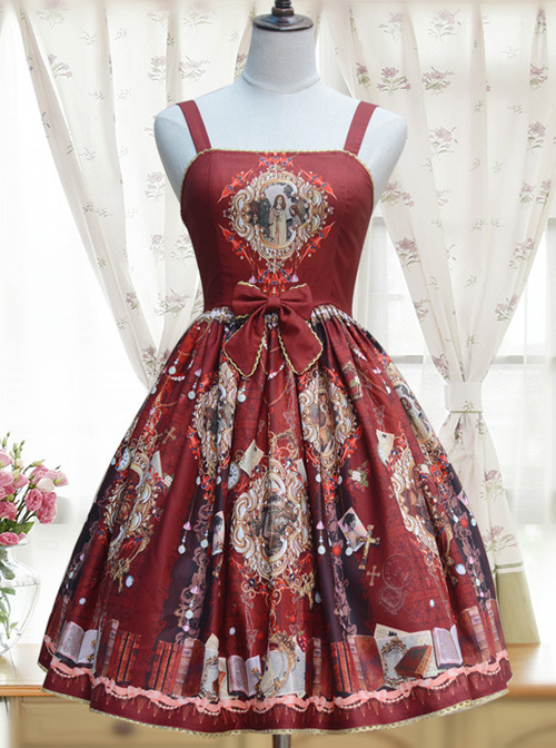 Original Court Retro Dress Women Sling Lolita Print Lace Large Chiffon JSK Strap Dress