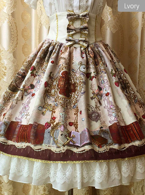 2018 Spring And Summer New Lolita Original Court Retro Printing Lace Large Swing SK Bow Skirt