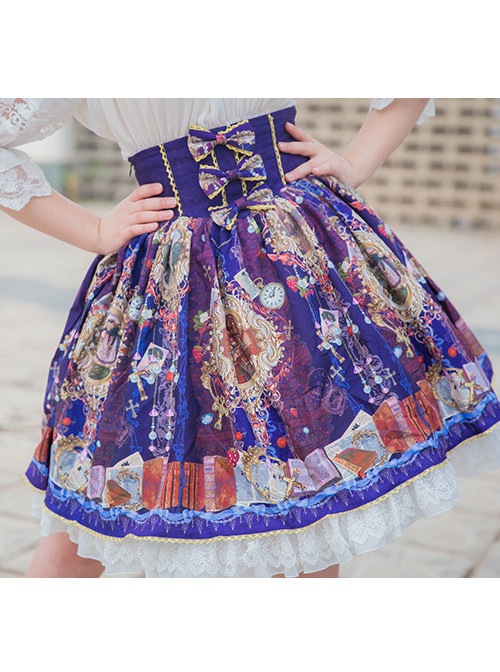 2018 Spring And Summer New Lolita Original Court Retro Printing Lace Large Swing SK Bow Skirt