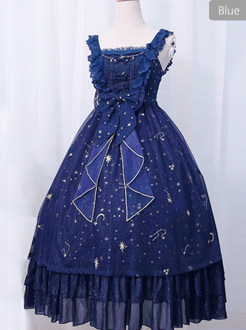 Star And Moon Bronzing Blue High Waist Classic Lolita Starry-sky Sling Dress