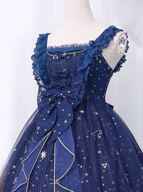 Star And Moon Bronzing Blue High Waist Classic Lolita Starry-sky Sling Dress