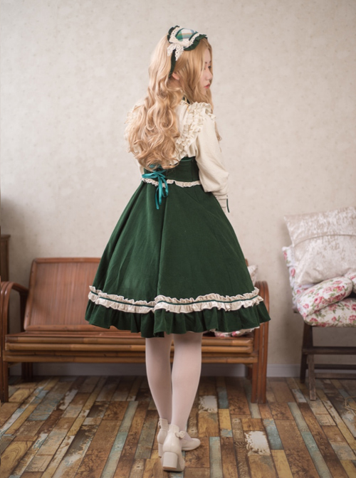 High Waist Dark Green Lace-up Classic Lolita Sling Dress