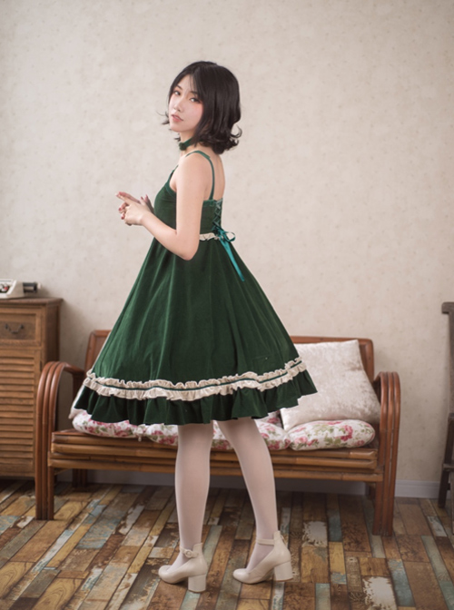 High Waist Dark Green Lace-up Classic Lolita Sling Dress