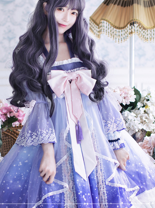 Light Purple Gradient Cute Chinese Style Qi Lolita Long Sleeve Dress