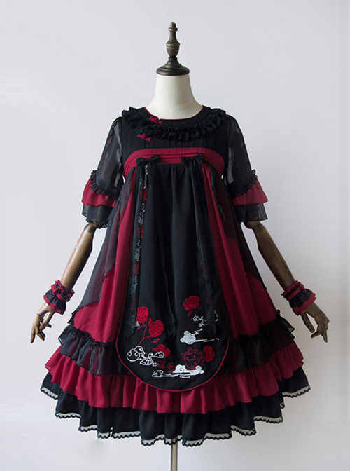 Chinese Style Embroidery Camellia High Waist Qi Lolita Dress