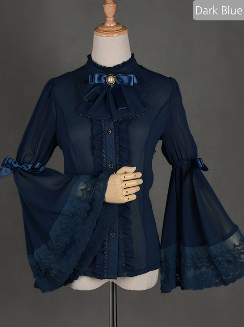 Trumpet Sleeve Bowknot Little High Collar Chiffon Lace Classic Lolita Long Sleeve Shirt