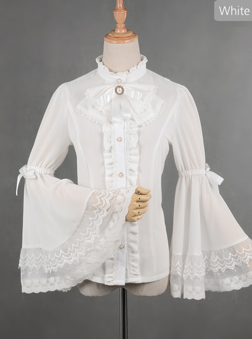 Trumpet Sleeve Bowknot Little High Collar Chiffon Lace Classic Lolita Long Sleeve Shirt