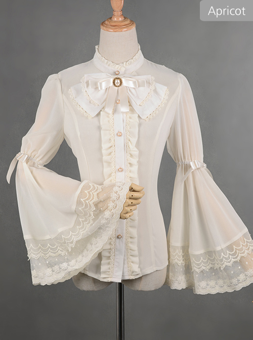 Trumpet Sleeve Bowknot Little High Collar Chiffon Lace Classic Lolita Long Sleeve Shirt