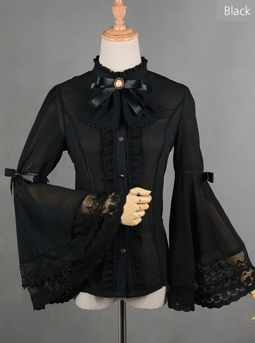 Trumpet Sleeve Bowknot Little High Collar Chiffon Lace Classic Lolita Long Sleeve Shirt