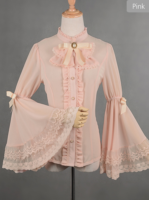 Trumpet Sleeve Bowknot Little High Collar Chiffon Lace Classic Lolita Long Sleeve Shirt