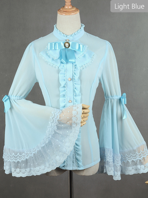 Trumpet Sleeve Bowknot Little High Collar Chiffon Lace Classic Lolita Long Sleeve Shirt