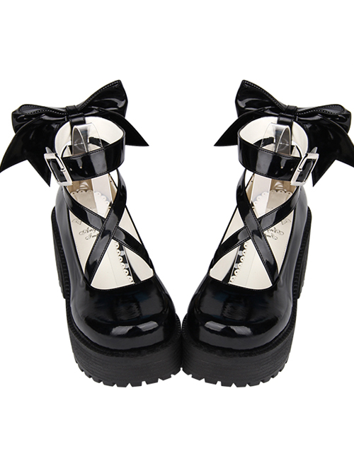 Round-toe Black Patent Leather Bowknot Lolita High Heel Shoes In 8 cm