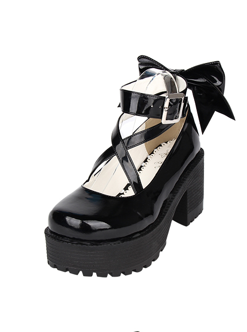 Round-toe Black Patent Leather Bowknot Lolita High Heel Shoes In 8 cm