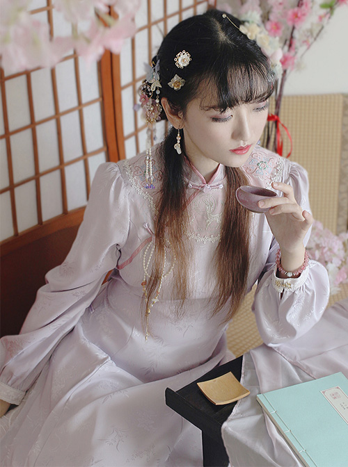 Improved Cheongsam Chinese Style Pink OP Qi Lolita Long Sleeve Dress