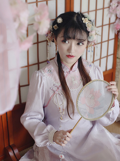 Improved Cheongsam Chinese Style Pink OP Qi Lolita Long Sleeve Dress