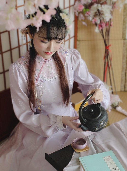 Improved Cheongsam Chinese Style Pink OP Qi Lolita Long Sleeve Dress