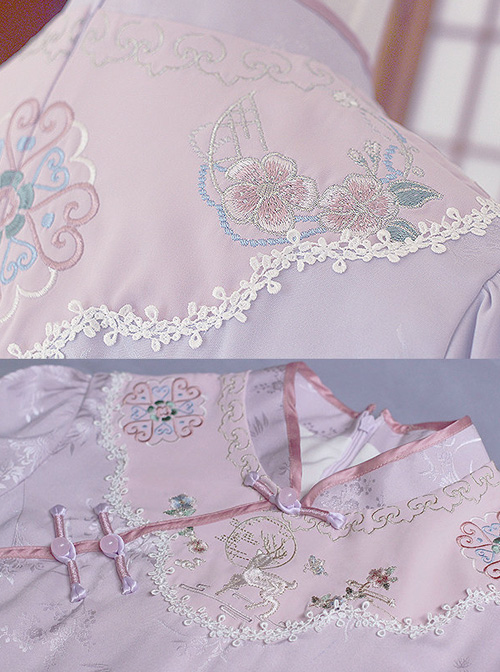 Improved Cheongsam Chinese Style Pink OP Qi Lolita Long Sleeve Dress
