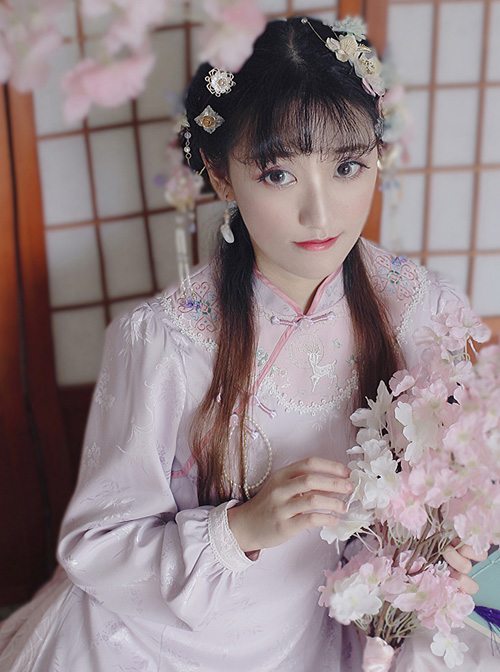 Improved Cheongsam Chinese Style Pink OP Qi Lolita Long Sleeve Dress