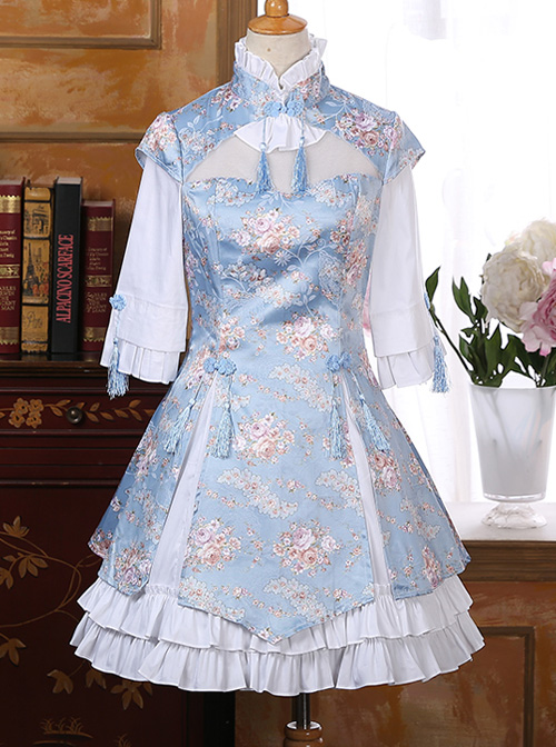 Pink Or Blue High Collar Improved Cheongsam Chinese Style Qi Lolita Half Sleeve Dress