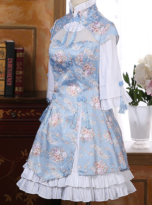 Pink Or Blue High Collar Improved Cheongsam Chinese Style Qi Lolita Half Sleeve Dress